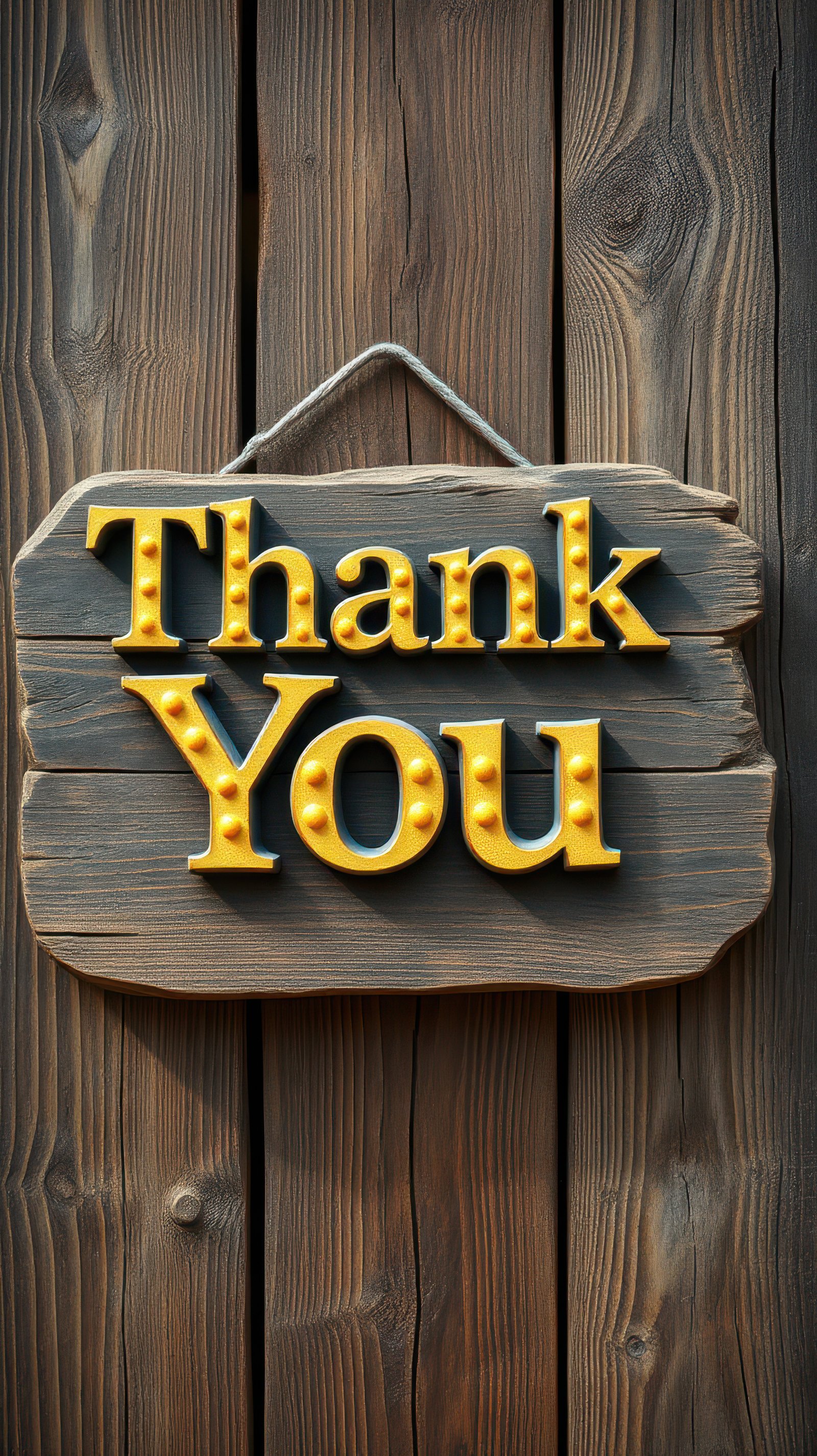 Decorative thank you sign with yellow lettering on rustic wooden background for a warm and inviting atmosphere